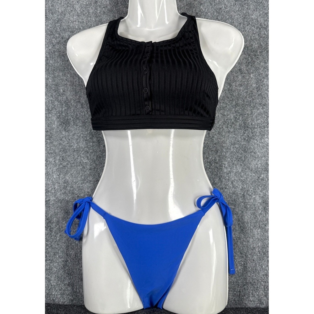 Womens XS 0-2 Black Ribbed Snap Front Bikini Top Blue Side Tie Bottoms Set NWT
